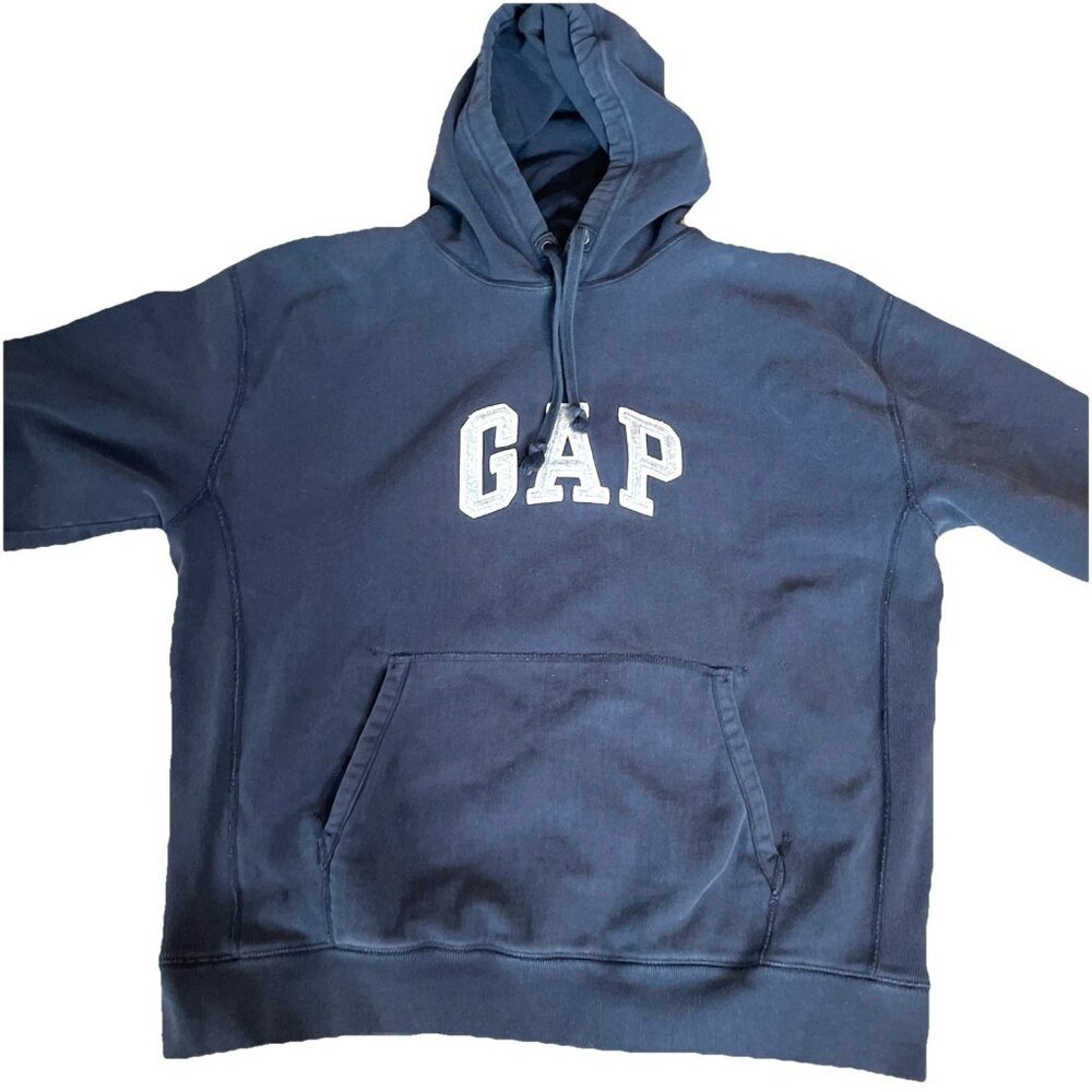 Vintage 90s GAP Logo Spellout Hoodie Sweatshirt Men's XL Navy Kanye Yeezy Skater